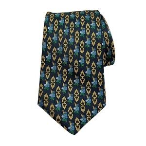 Vintage Silk Tie Hawaiian Flower Print Navy‎ Blue Yellow Harvey Ashton